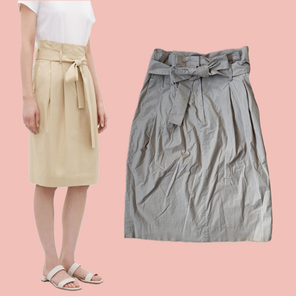 COS Paperbag Waist Belted Midi Skirt Beige Cotton Size S